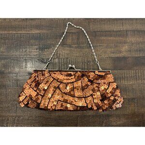 Apt.9 Copper Sequined and Beaded Clutch 11" Bag Kiss Clasp Close